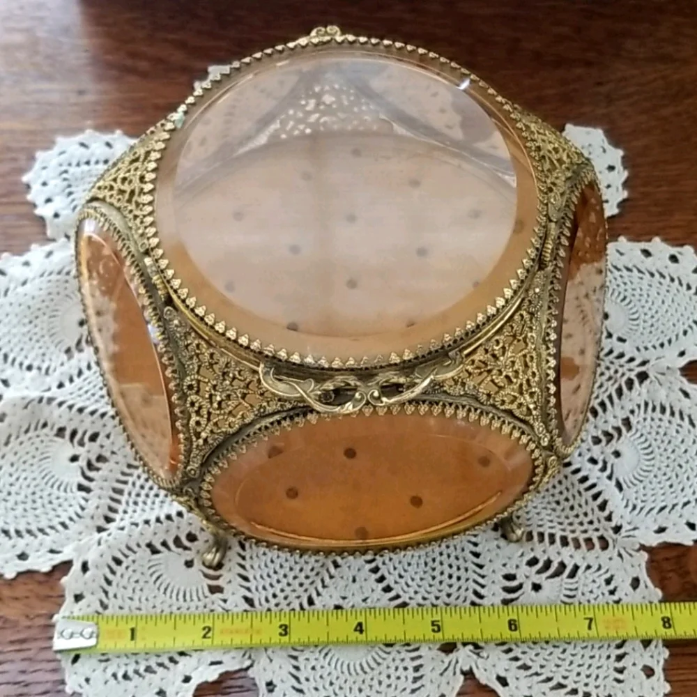 Vintage French Brass Filigree Amber Beveled Glass Ormulu Jewelry Box Casket